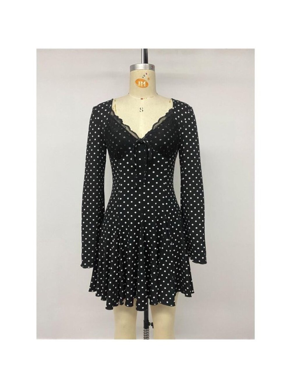 Polka Dot Lace Trimmed V-Neck Mini Dress
